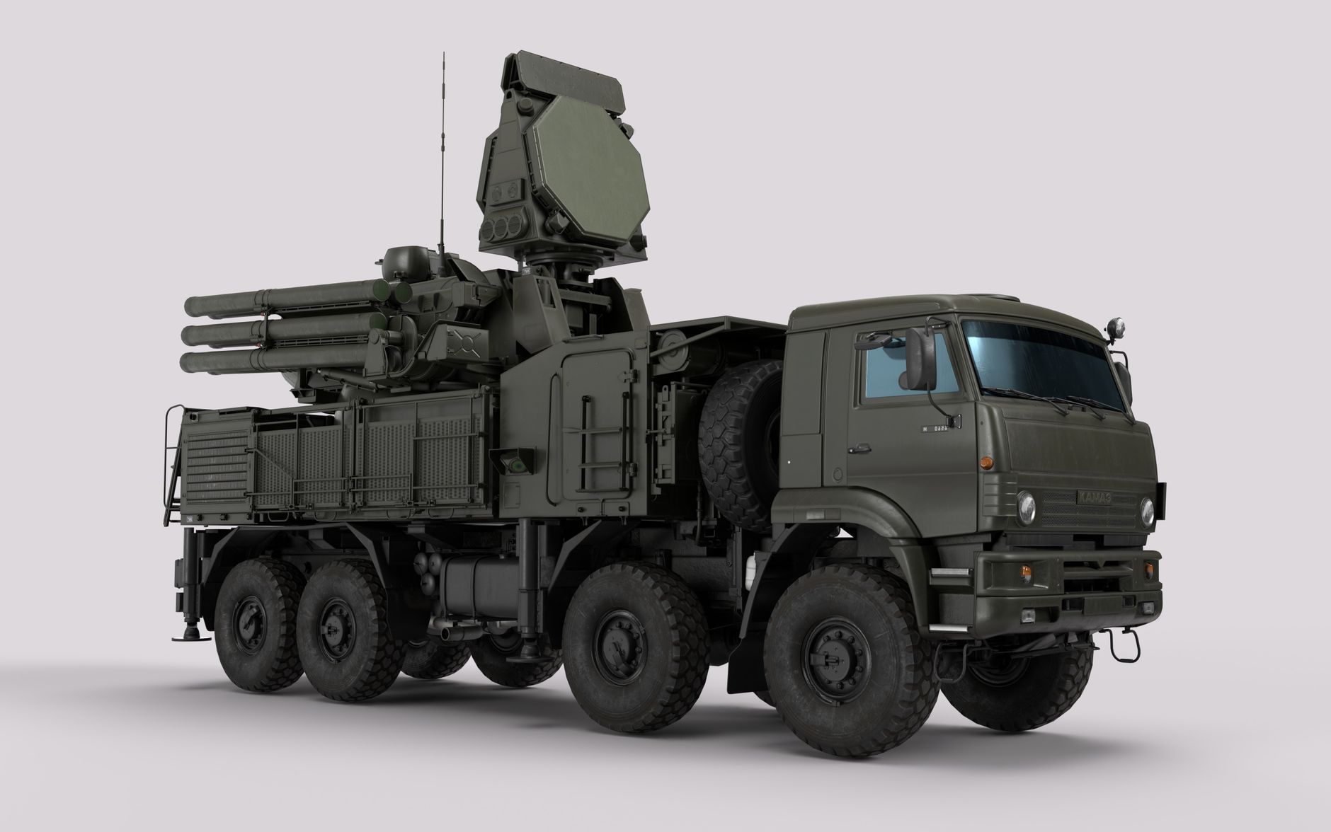 Detailed image of a military vehicle equipped with advanced radar and weaponry systems.