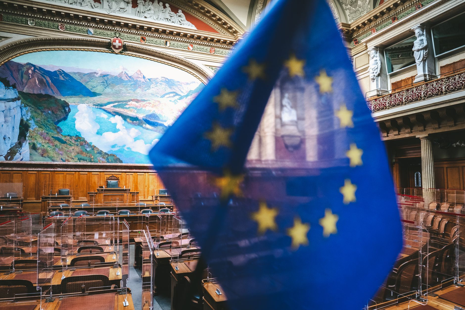 Close-up of European flag inside the Swiss Parliament chamber in Bern, Switzerland.