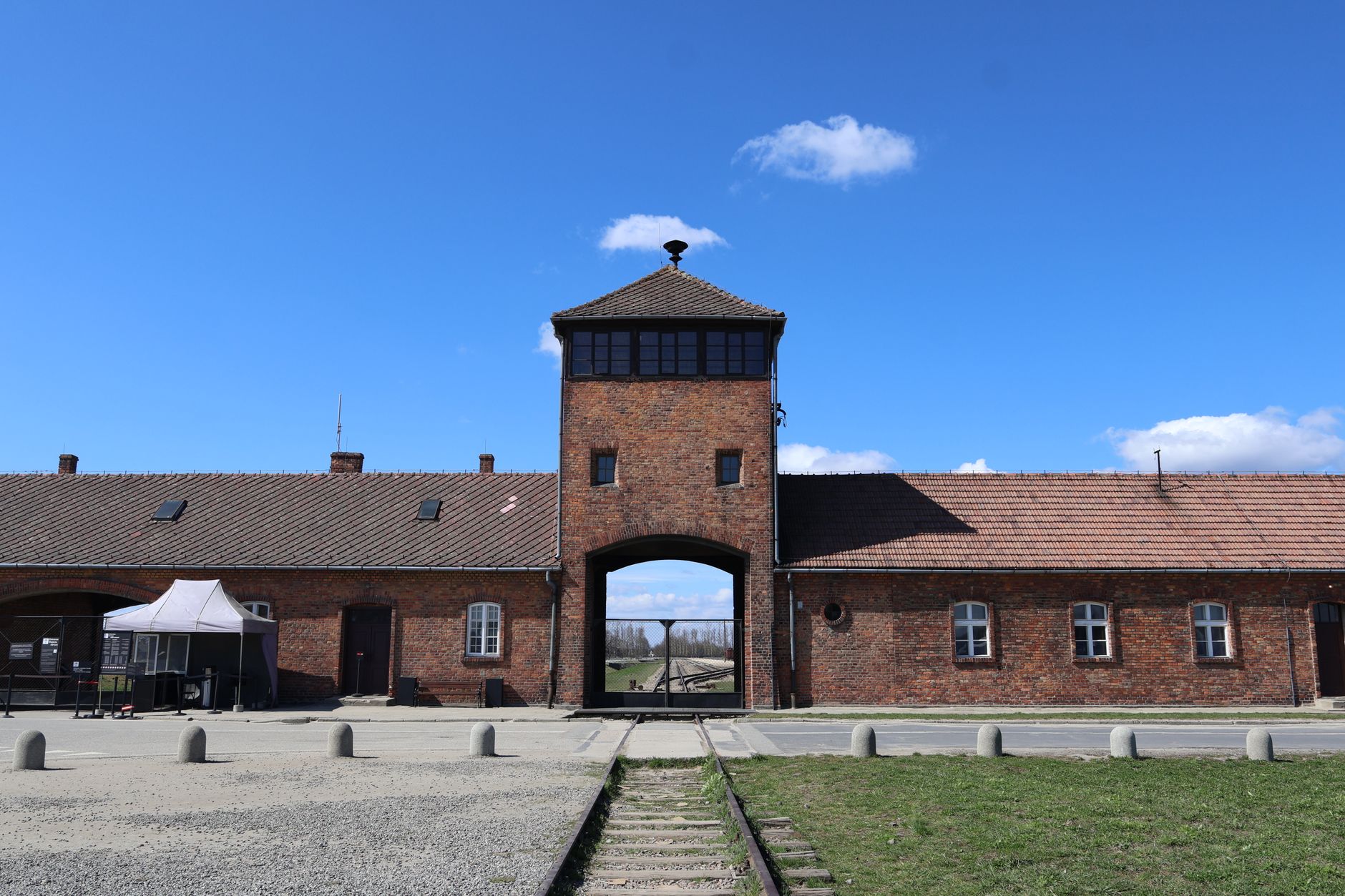 View of the main entrance of Auschwitz II-Birkenau in Brzezinka, Poland.