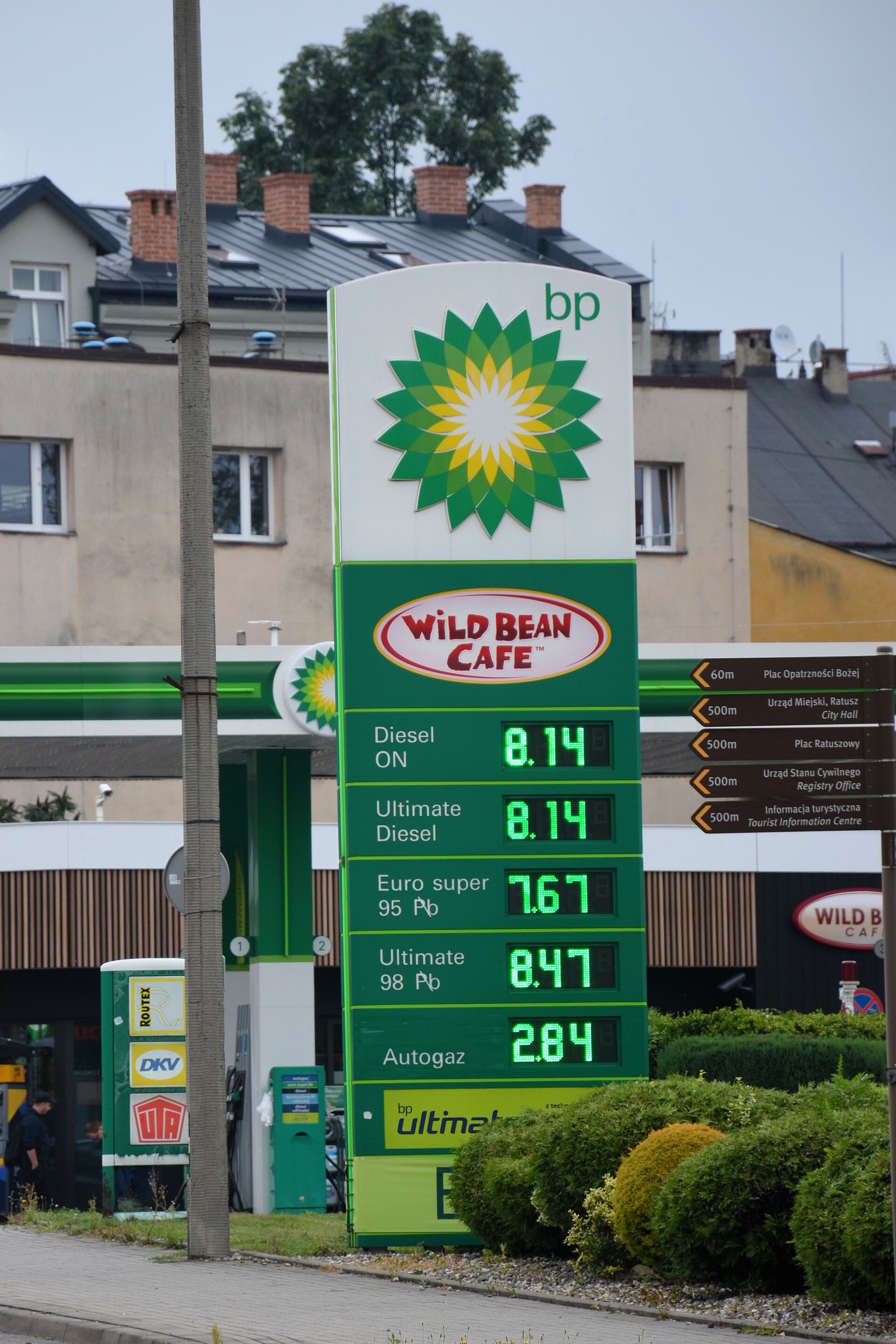 The A fuel price display sign at a BP gas station in Poland, showing fuel prices significantly higher (e.g., 8.47 PLN for Ultimate) than the