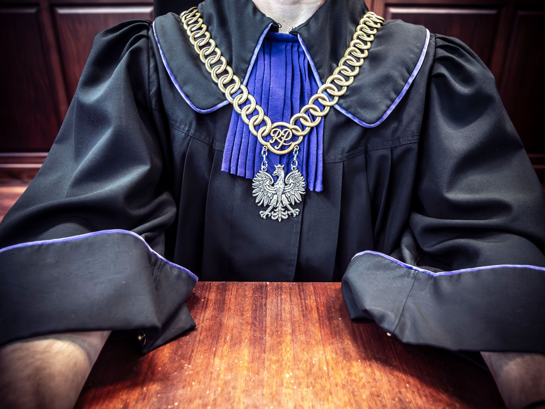 Close-up of a judge wearing a traditional robe with a golden chain medallion, seated at a courtroom table.