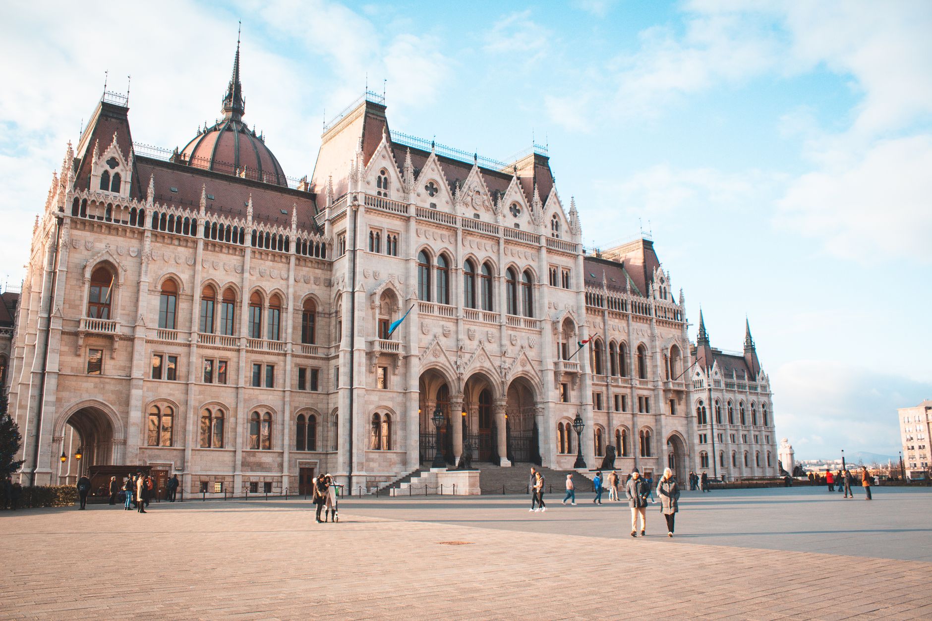 Exterior view of the Hungarian Parliament Building in Budapest, a famous architectural landmark.