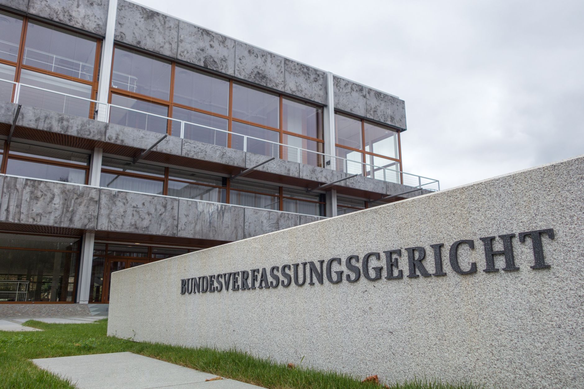 External view of Germany's Bundesverfassungsgericht in Karlsruhe, cloudy day.