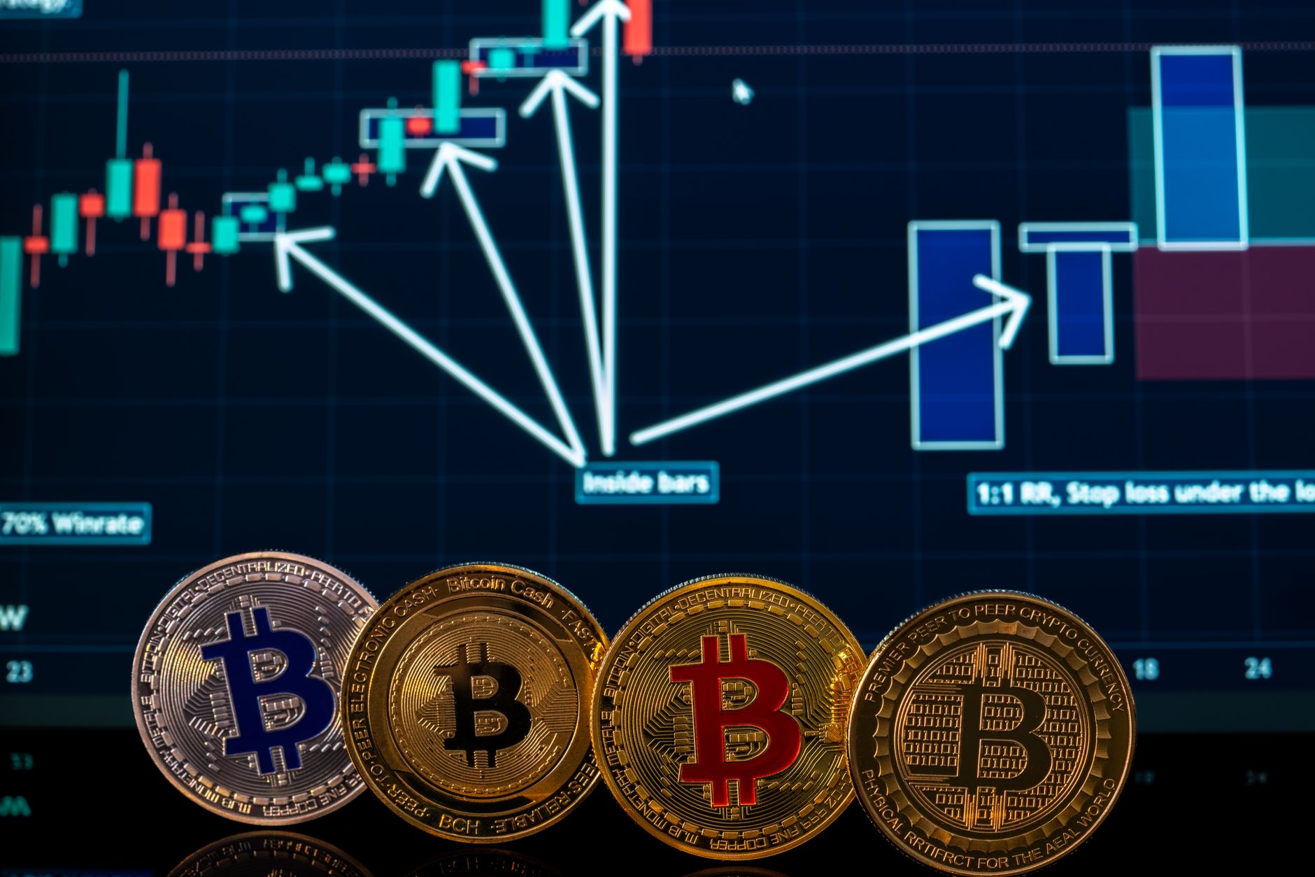 Digital coins with a stock market financial chart in the background, representing cryptocurrency trading.