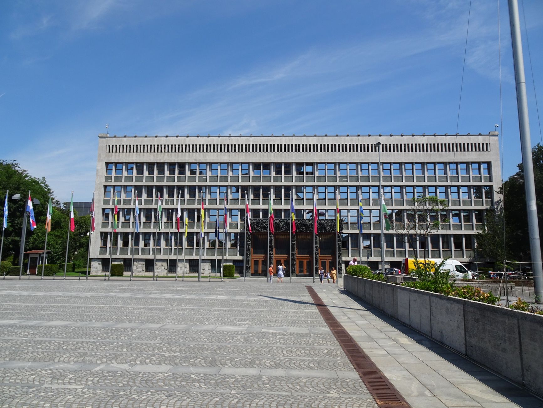 Front view of the modern Parliament building in Ljubljana, Slovenia on a sunny day.