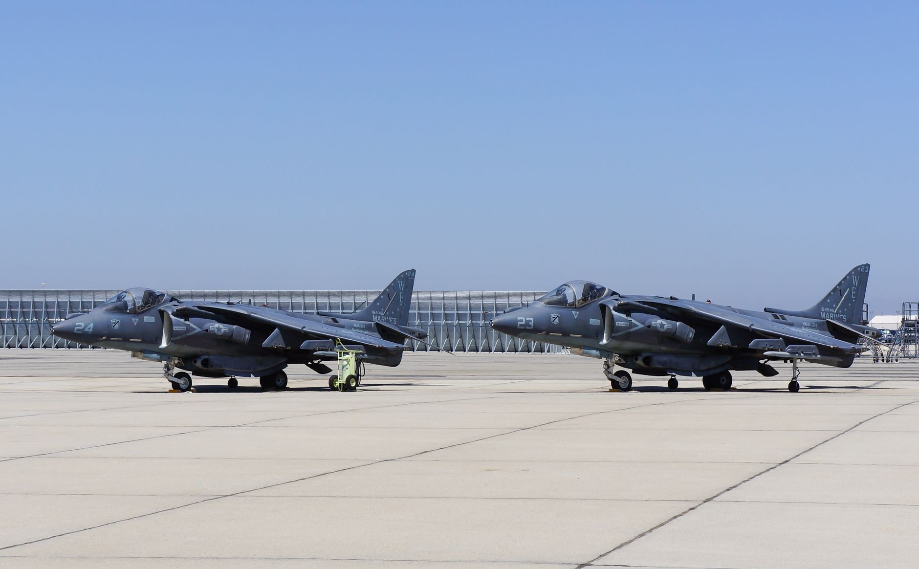 Fighter jets on the tarmac at March Air Reserve Base in California under a clear sky.